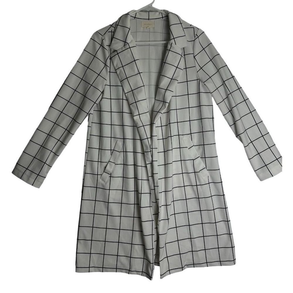 Melloday Women's Open Front Window Pane Trench Coat White Check Size M